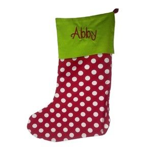 NWOT RED AND WHITE POKA DOT CHRISTMAS STOCKING WITH THE NAME “ABBY”EMBROIDERED